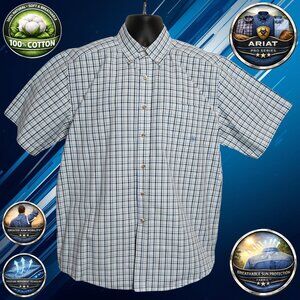 Ariat Pro Series Mens L Blue Plaid Short Sleeve Button Down Shirt 100% Cotton